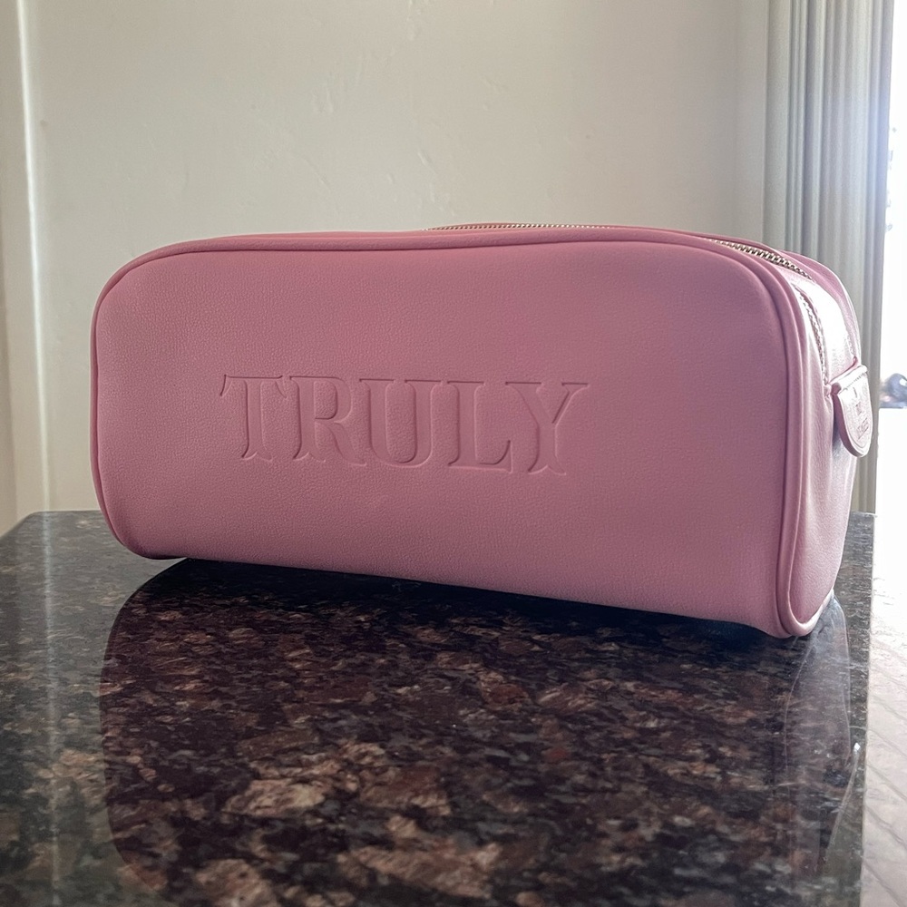 Truly Beauty pink makeup, skincare, hair care double zip case
